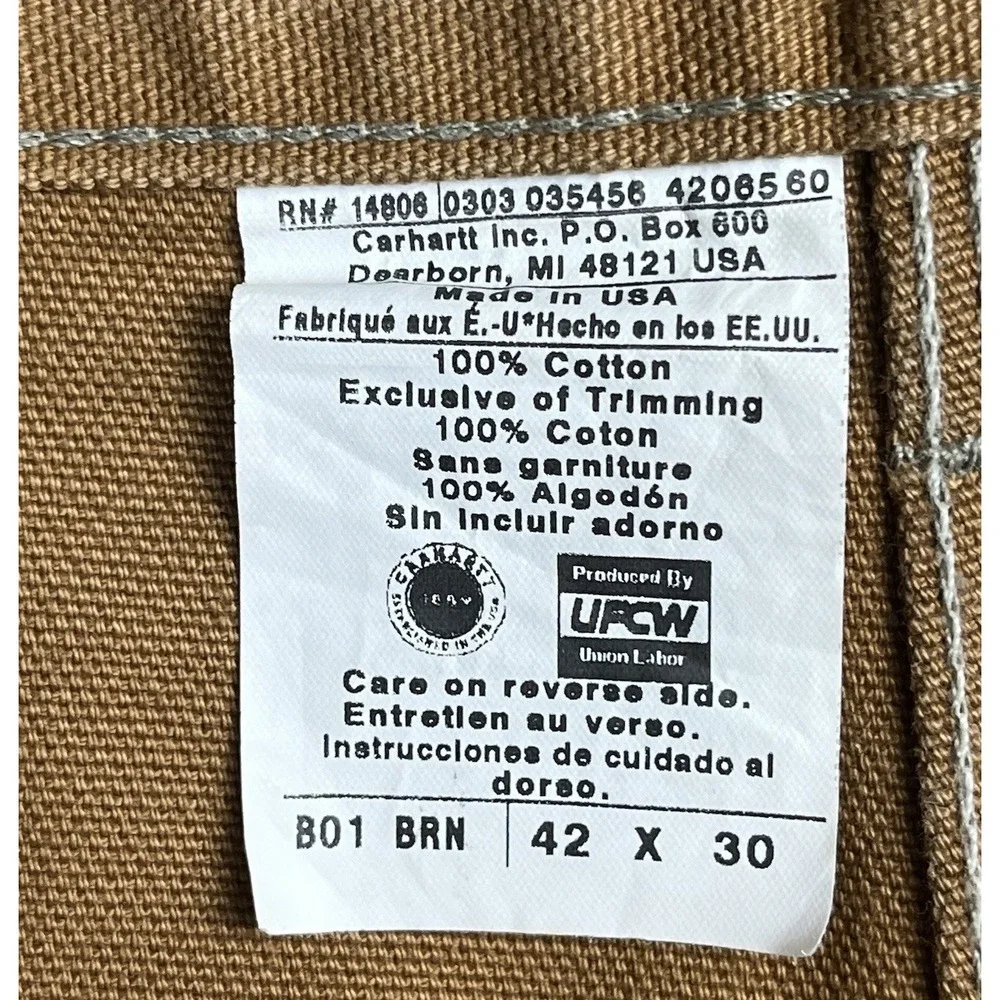 Vintage Carhartt B01 BRN Canvas Double Knee Mens Pants‎ Y2K Size 42x30 USA Made